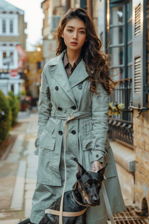 Fashion Model Walking with Dog on Urban Street in Stylish Trench Coat AI Generativeの素材