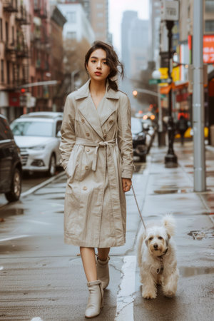 Young Woman in Trench Coat Walking Dog on Urban City Street During Overcast Weather AI Generativeの素材
