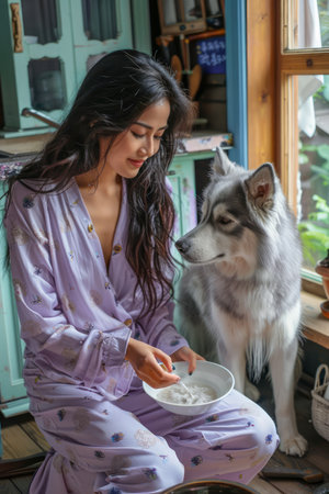 Young Woman in Pajamas Enjoying a Relaxing Morning with Her Husky Dog in a Cozy Home Interior AI Generativeの素材