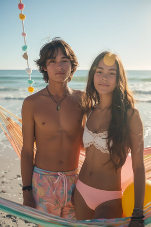 Young Couple Enjoying a Sunny Day at the Beach with Colorful Hanging Decorations and Hammock AI Generativeの素材