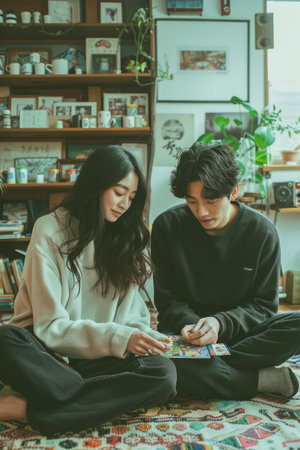 Young Couple Enjoying Leisure Time Playing Card Game on Cozy Carpeted Floor in Homey Setting AI Generativeの素材