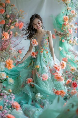 Elegant Woman in Flowery Dress Posing in Spring Inspired Floral Set Up AI Generativeの素材