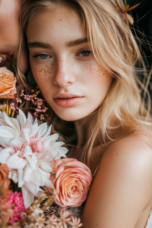 Serene Young Woman with Freckles Embracing a Bouquet of Spring Flowers, Romantic and Delicate Feminine Portrait, Floral Beauty Concept AI Generativeの素材