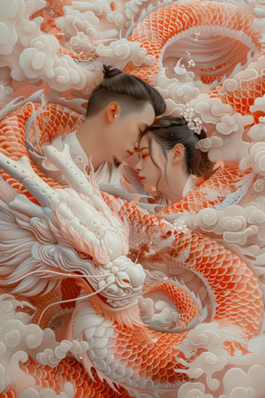 Enchanted Love Embrace Amidst Ornate Dragons in a Mystical World, Surreal Artistic Romantic Couple Concept AI Generativeの素材