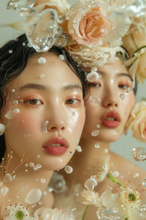 Ethereal Floral Beauty Portrait of Tender Women Surrounded by Flowers and Water Droplets AI Generativeの素材