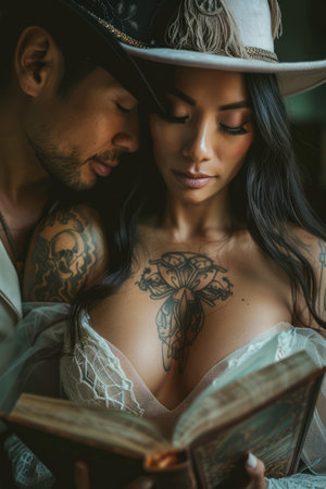Intimate Embrace of Tattooed Couple Sharing a Moment with Vintage Book in Moody Lighting AI Generativeの素材