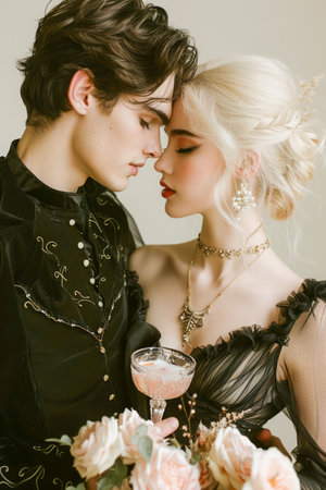 Romantic Young Couple in Elegant Vintage Attire Holding a Champagne Glass with a Floral Backdrop AI Generativeの素材