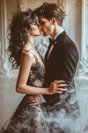 Romantic Couple Embracing in Elegant Attire, Intimate Moment with Vintage Decor Background AI Generativeの素材
