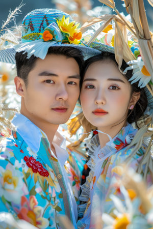 Trendy Young Asian Couple in Fashionable Floral Clothing Posing Outdoors on a Sunny Day with Natural Background AI Generativeの素材