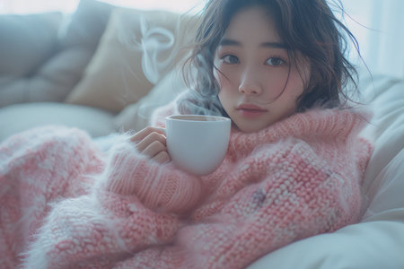 Cozy Woman Relaxing with Warm Cup of Coffee in Bed Wearing Comfy Pink Sweater and Enjoying Winter Morning Light with a Thoughtful Expression AI Generativeの素材