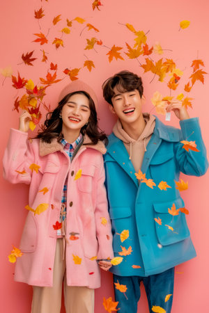 Cheerful Couple in Colorful Outerwear Enjoying Autumn Leaves Falling Against Pink Background AI Generativeの素材