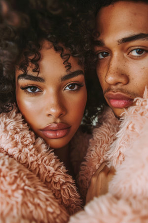 Close Up Portrait of a Young Multiethnic Couple Embracing in Stylish Cozy Outfits AI Generativeの素材