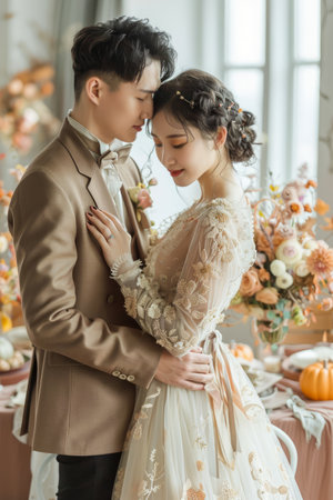Elegant Young Couple Embracing in Luxurious Autumn Wedding Venue Decorated with Festive Florals AI Generativeの素材