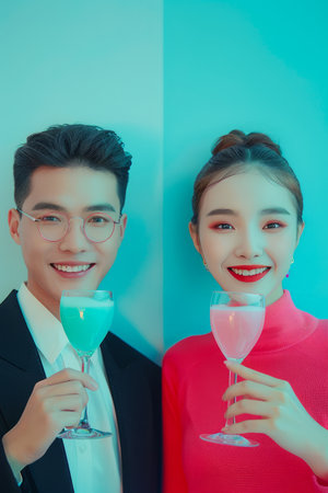 Elegant Young Couple Enjoying Colorful Cocktails in a Vibrant Modern Setting AI Generativeの素材