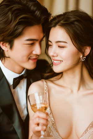 Elegant Couple Enjoying Champagne Toast in Luxurious Setting, Smiling Affectionately at Each Other AI Generativeの素材