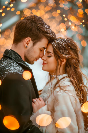 Romantic Winter Embrace with Loving Couple Amongst Sparkling Lights and Falling Snowflakes AI Generativeの素材