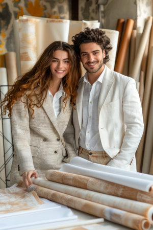 Professional Man and Woman in Stylish Suits Choosing Wallpapers at Design Store AI Generativeの素材