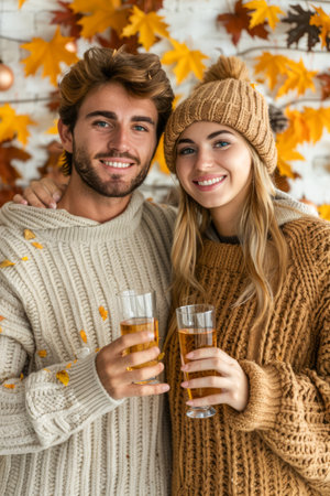 Smiling Young Couple Enjoying Autumn Festivities with Cider, Surrounded by Falling Leaves and Cozy Atmosphere AI Generativeの素材