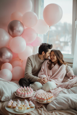 Romantic Couple in Cozy Sweater Celebrating Together with Pink and White Balloons in Bed AI Generativeの素材