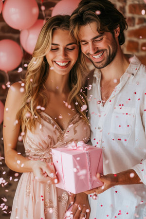 Happy Couple Celebrating Special Occasion with Gift and Pink Balloons, Confetti in Romantic Setting AI Generativeの素材