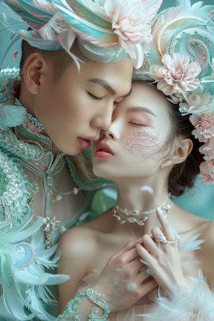 Romantic Fantasy Portrait of a Young Couple with Artistic Makeup and Elaborate Hairstyles in a Dreamy Ethereal Setting AI Generativeの素材