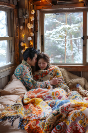 Cozy Couple Wrapped in Colorful Blanket by the Window on a Snowy Day, Intimate and Warm Winter Lifestyle Scene AI Generativeの素材