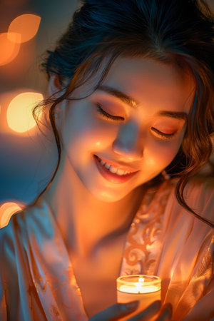 Serene Young Woman Enjoying Candlelight, Peaceful Evening at Home, Intimate Atmosphere with Warm Glowing Lights AI Generativeの素材