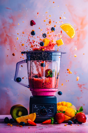 Vibrant Fresh Fruit Smoothie Splash in Blender Against Colorful Backdrop AI Generativeの素材