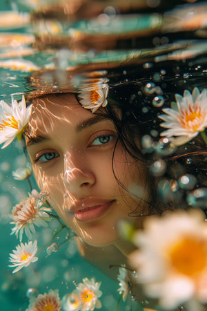 Serene Young Woman Floating in Water with White Flowers, Peaceful Expression and Clear Blue Background AI Generativeの素材