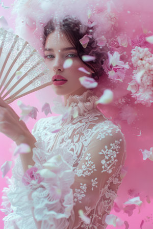 Ethereal Beauty Holding Fan Amidst Pink Floral Blossoms, Dreamy Portrait in Soft Pastel Tones with Artistic Styling and Feminine Elegance AI Generativeの素材