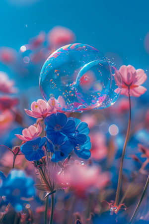 Surreal Dreamlike Bubble Floating among Vibrant Blue and Pink Flowers with Bokeh Background AI Generativeの素材