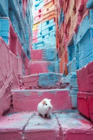 Colorful Urban Alleyway with a White Guinea Pig Exploring Vivid Pink and Blue Painted Steps AI Generativeの素材