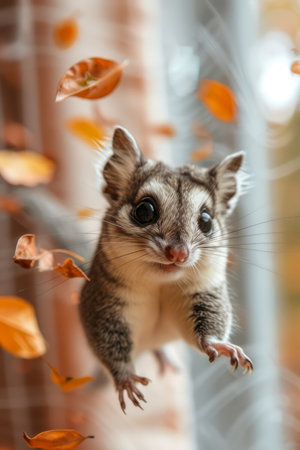 Adorable Sugar Glider Clinging to a Glass Pane with Autumn Leaves Floating in Background AI Generativeの素材