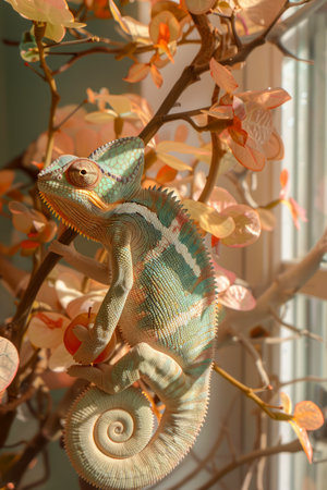 Colorful Chameleon Camouflaging Among Vibrant Leaves in Sunlit Environment, Exotic Reptile on Branch AI Generativeの素材