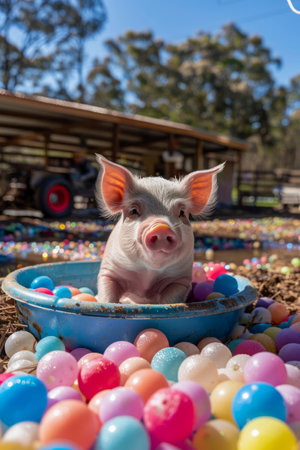 Adorable Piglet in Colorful Ball Pit Under Blue Sky on Sunny Day Farm Animal Fun, Playful Swine Enjoying Outdoor Activity AI Generativeの素材