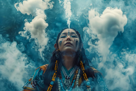 Cinematic Portrait of Tribal Woman Under Dramatic Sky with Traditional Attire and Jewelry AI Generativeの素材