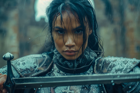Determined Female Warrior in Armor Holding Sword, Standing in Rain with Intense Gaze AI Generativeの素材