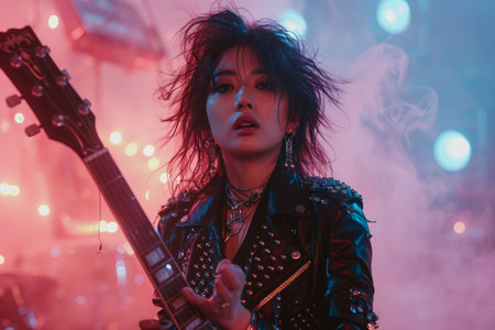 Dynamic Female Rock Guitarist Performing at a Vibrant Live Concert with Intense Stage Fog and Lighting AI Generativeの素材