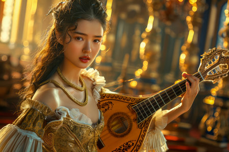 Elegant Woman in Vintage Dress Playing Lute in Luxurious Baroque Room with Artistic Golden Lighting AI Generativeの素材