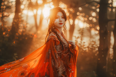 Elegant Woman in Red Dress Posing in Mystical Autumn Forest with Sunlight Filtering Through Trees AI Generativeの素材