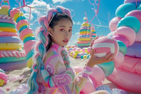 Colorful Fantasy Candy Land Portrait with Young Woman Holding a Giant Sweet AI Generativeの素材