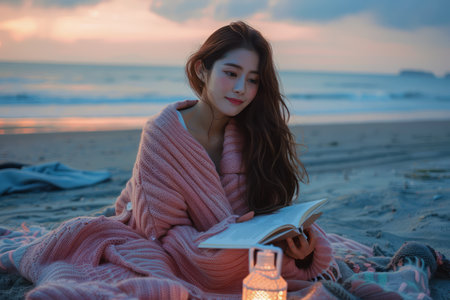 Serene Young Woman Wrapped in Cozy Blanket Enjoying a Book on a Tranquil Beach at Twilight AI Generativeの素材