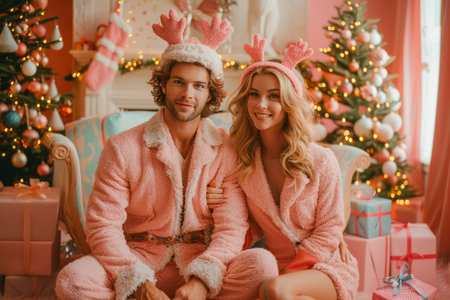 Couple in Matching Pink Pajamas Celebrating Christmas Together with Decorated Tree and Gifts AI Generativeの素材