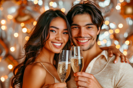 Young Couple Celebrating Together with Champagne Toast Against Warm Festive Lights Background AI Generativeの素材