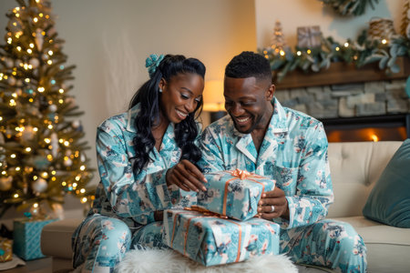 Young Couple in Matching Pajamas Opening Christmas Gift Together in Cozy Living Room with Festive Decor AI Generativeの素材