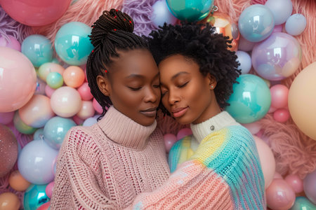 Two Women Embracing Tenderly Against a Backdrop of Colorful Pastel Balloons, Symbolizing Friendship and Diversity AI Generativeの素材