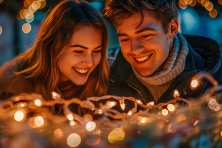 Happy Young Couple Enjoying Magical Moments at a Nighttime Outdoor Christmas Market, Surrounded by Festive Lights and Decorations AI Generativeの素材