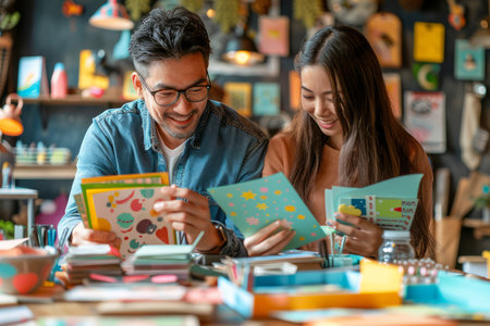 Smiling Young Couple Enjoying Their Time Together Browsing Through Books in a Cozy Bookstore Cafe AI Generativeの素材