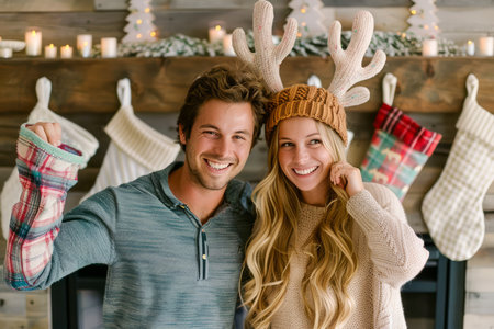 Smiling Couple Celebrating Holiday Season Wearing Reindeer Antlers with Christmas Stockings in Cozy Home Setting AI Generativeの素材