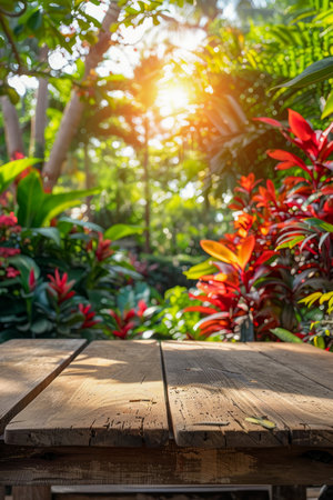 Tropical Garden View with Sunlight Peeking Through Foliage Over Wooden Table AI Generativeの素材